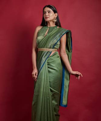 Olive green & gold stripes saree set 5