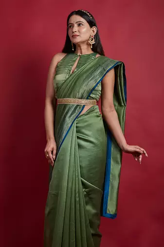 Olive green & gold stripes saree set