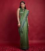 Olive green & gold stripes saree Without Blouse