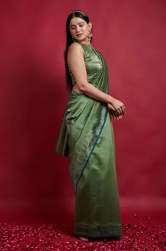Olive green & gold stripes saree Without Blouse