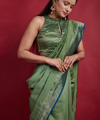 Olive green & gold stripes saree Without Blouse 3