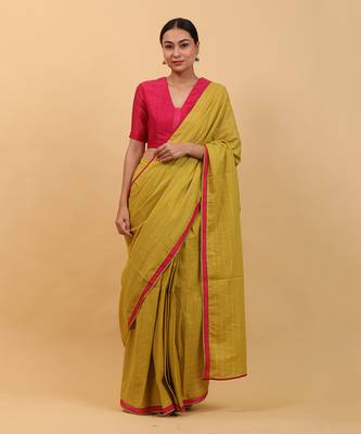 Lime yellow and pink ready to wear cotton saree set 1