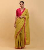 Lime yellow and pink ready to wear cotton saree set