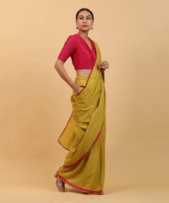 Lime yellow and pink ready to wear cotton saree set 2