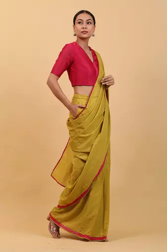 Lime yellow and pink ready to wear cotton saree set