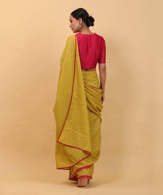 Lime yellow and pink ready to wear cotton saree set 5