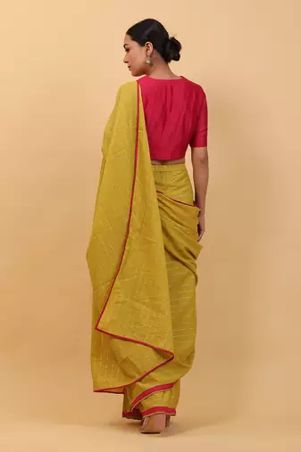 Lime yellow and pink ready to wear cotton saree set