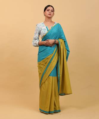 Lime yellow & aqua blue cotton saree set 1