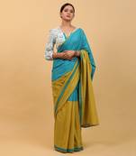 Lime yellow & aqua blue cotton saree set