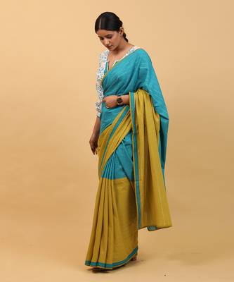 Lime yellow & aqua blue cotton saree set 2
