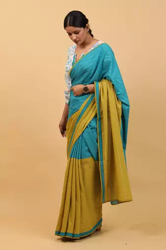 Lime yellow & aqua blue cotton saree set