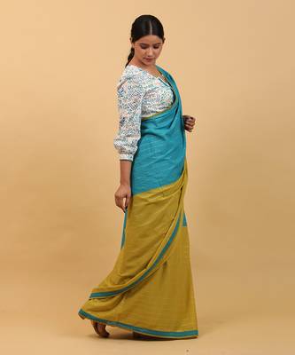 Lime yellow & aqua blue cotton saree set 3