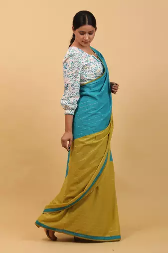 Lime yellow & aqua blue cotton saree set