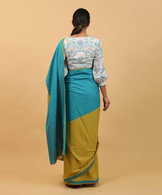 Lime yellow & aqua blue cotton saree set 4