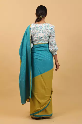 Lime yellow & aqua blue cotton saree set