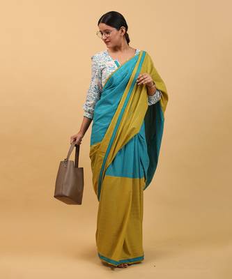 Lime yellow & aqua blue cotton saree set 5