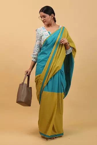 Lime yellow & aqua blue cotton saree set