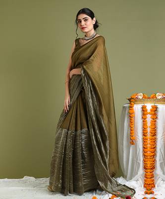 Tabacco brown chanderi handloom saree Without Blouse 2