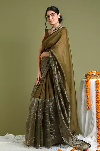 Tabacco brown chanderi handloom saree Without Blouse