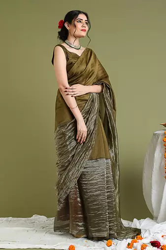 Tabacco brown chanderi handloom saree Without Blouse