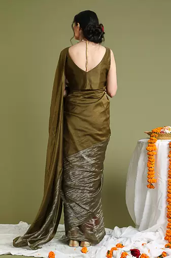 Tabacco brown chanderi handloom saree Without Blouse