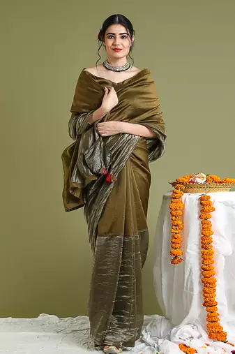Tabacco brown chanderi handloom saree Without Blouse