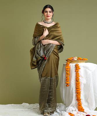 Tabacco brown chanderi handloom saree set 1