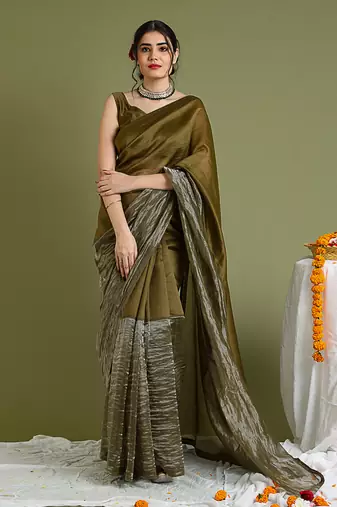 Tabacco brown chanderi handloom saree set