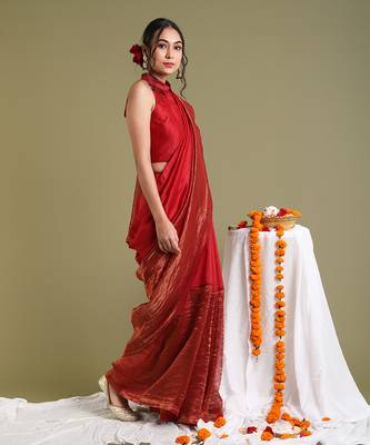 Red chanderi handloom saree set 2