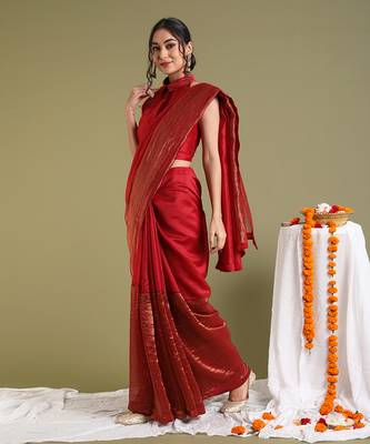 Red chanderi handloom saree set 3