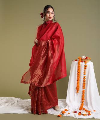 Red chanderi handloom saree set 5