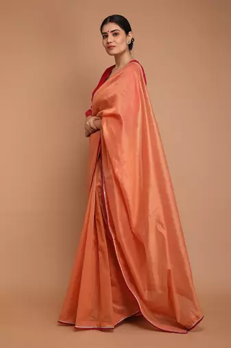 Tangerine orange chanderi hand loom saree Without Blouse