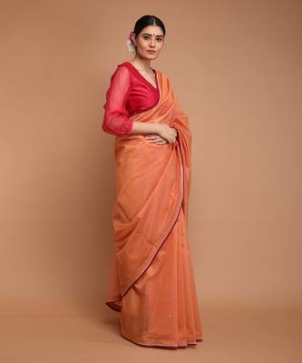Tangerine orange chanderi hand loom saree Without Blouse 3