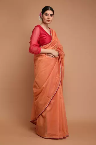 Tangerine orange chanderi hand loom saree Without Blouse