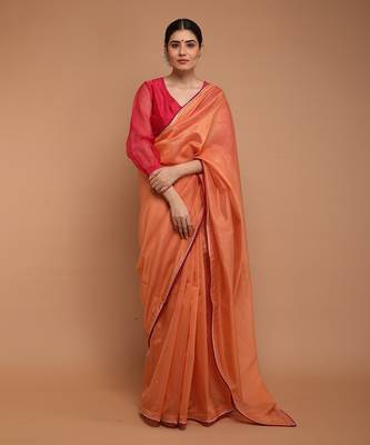 Tangerine orange chanderi hand loom saree set 1