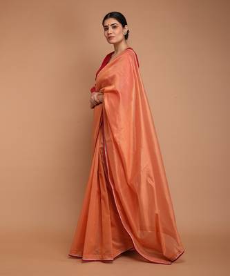 Tangerine orange chanderi hand loom saree set 2