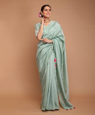 Mint green chanderi hand loom saree set 1