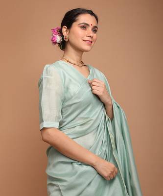 Mint green chanderi hand loom saree set 3