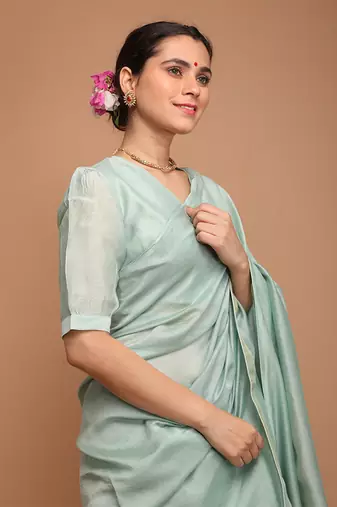 Mint green chanderi hand loom saree set