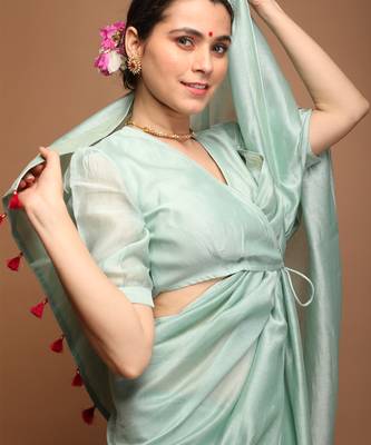 Mint green chanderi hand loom saree set 5