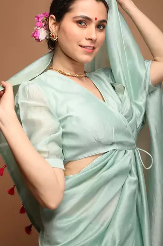 Mint green chanderi hand loom saree set