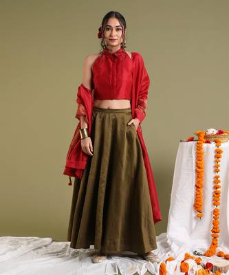 Red & Tabacco Brown Flared Skirt Set 1
