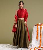Red & Tabacco Brown Flared Skirt Set