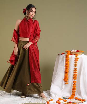 Red & Tabacco Brown Flared Skirt Set 2