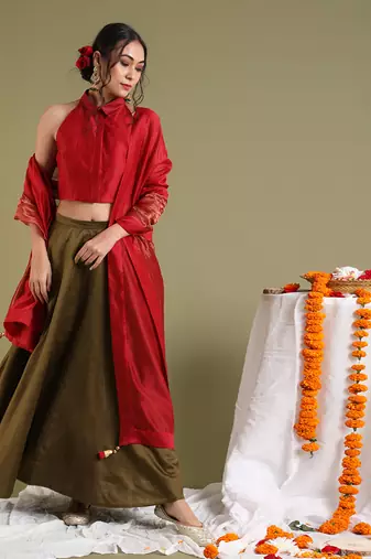 Red & Tabacco Brown Flared Skirt Set
