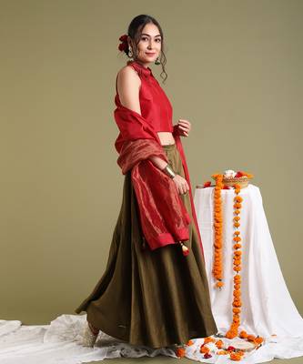 Red & Tabacco Brown Flared Skirt Set 3