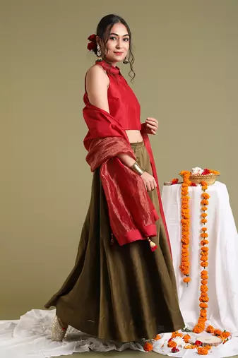Red & Tabacco Brown Flared Skirt Set