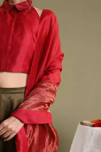 Red & Tabacco Brown Flared Skirt Set