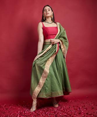 Olive Green & Pink High Low Lehanga Set 1