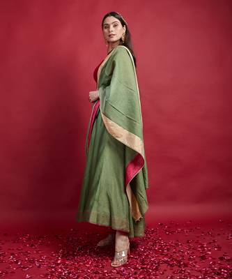 Olive Green & Pink High Low Lehanga Set 2